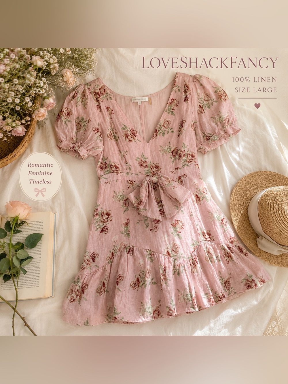 LoveShackFancy Pink Floral Linen Mini Dress Puff Sleeve Bow Detail Size Large - Picture 2 of 11
